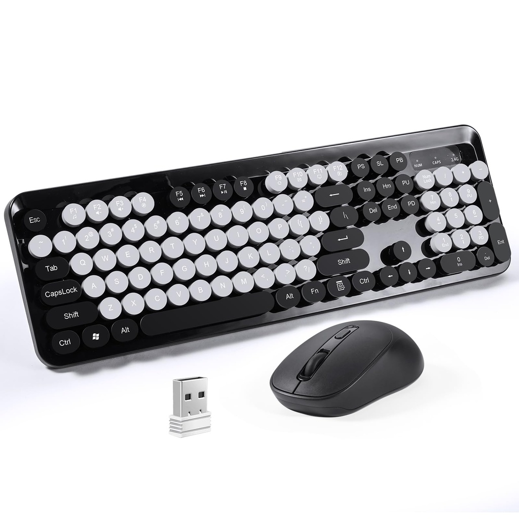 SOPPY Wireless Keyboard and Mouse Combo, 2.4GHz Retro Typewriter Keyboard, Round Keycaps