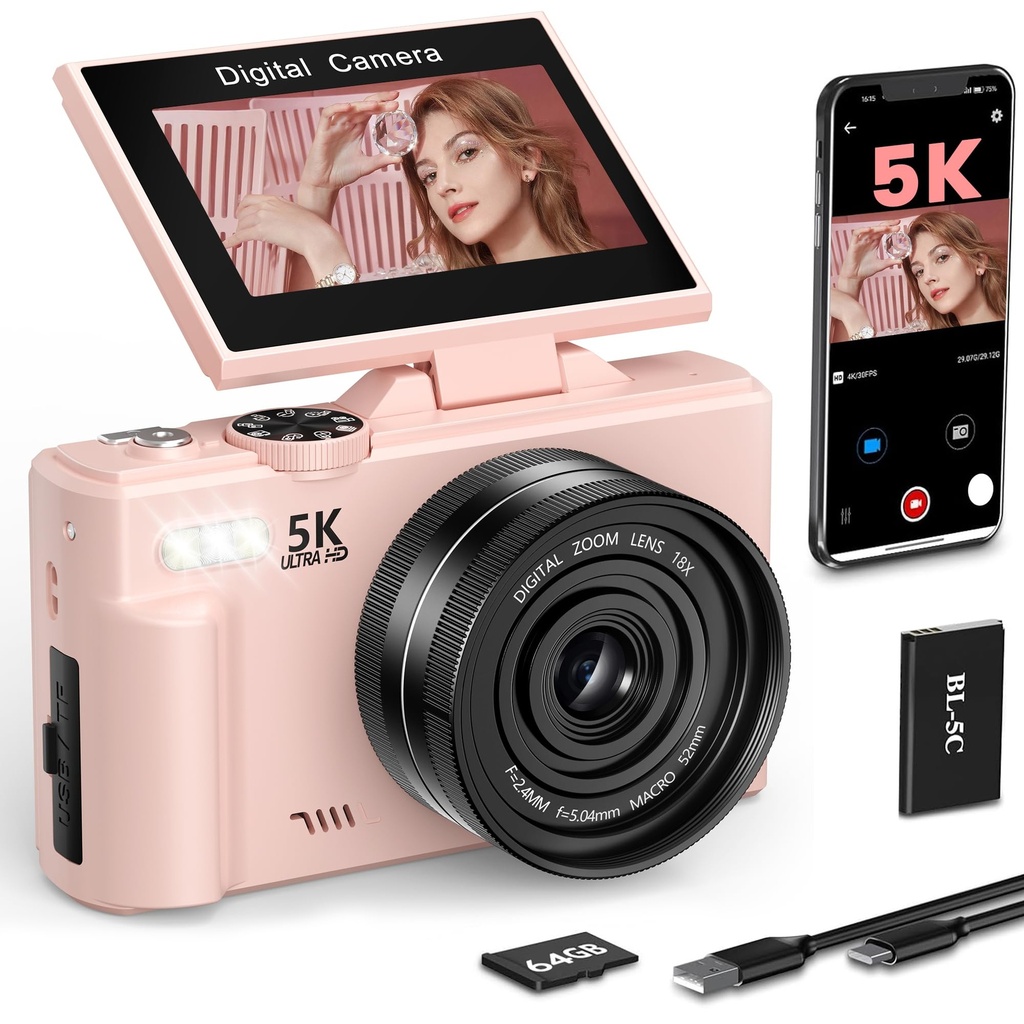 LONGYI Digital Camera 5K 75MP Cameras for Photography Vlogging with WIFI, 64GB Card, 18X Digital