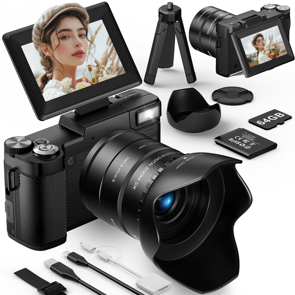 Longyi 6K Digital Camera, 75MP Cameras for Photography with 8X Optical Zoom & Tripod, Anti-S