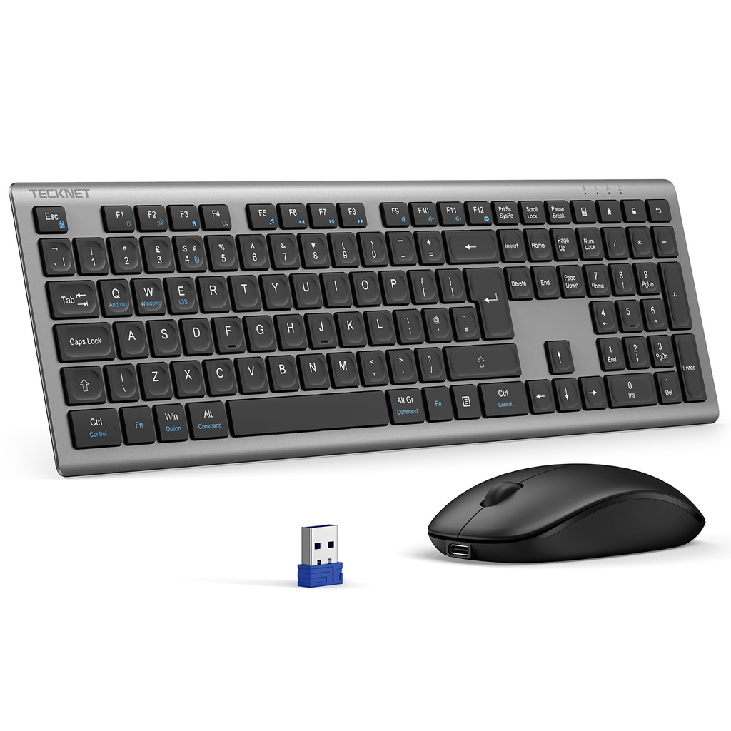 TECKNET Wireless Keyboard and Mouse Combo, Rechargeable Ultra Thin Full-Size Cordless Keyboard