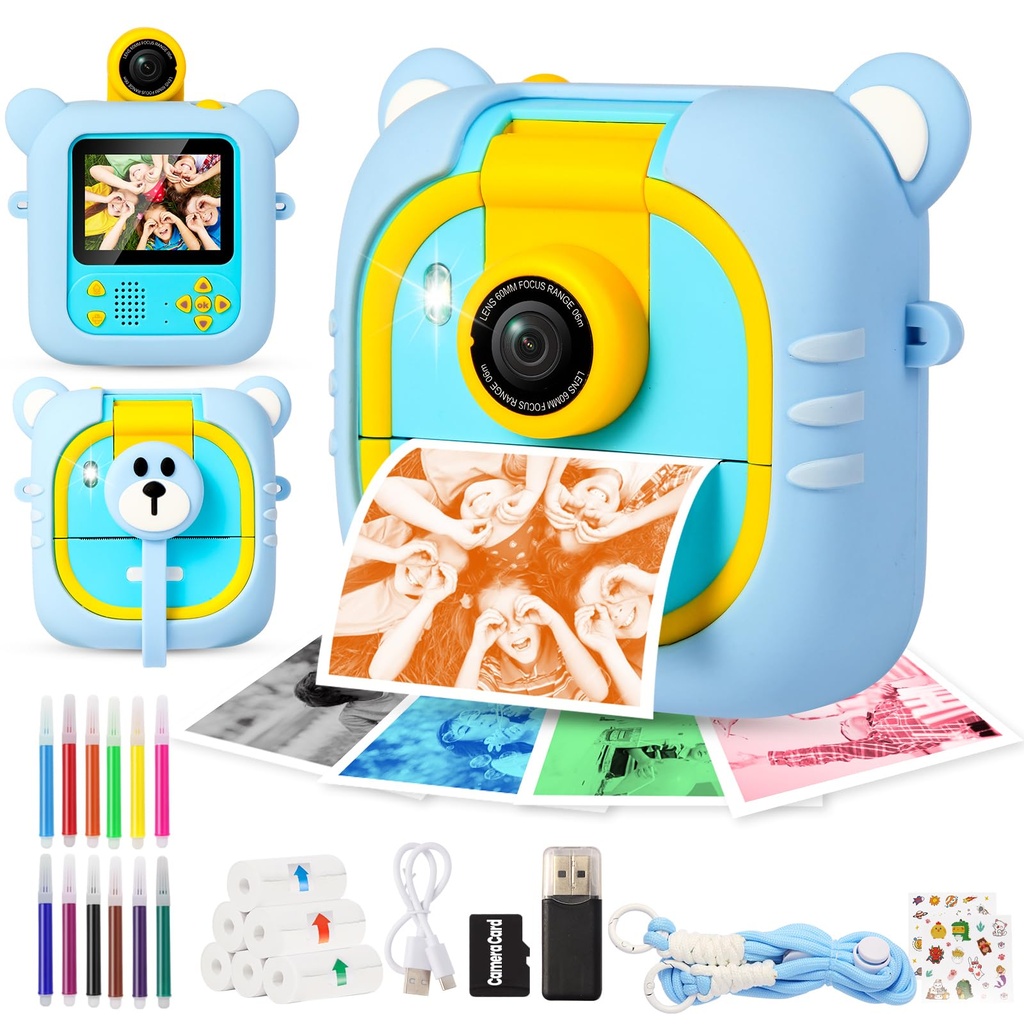 ARNSSIEN Kids Camera Instant Print, 7 Print Paper (4 Color: O/R/G/B+3 B&W), 2.4" Screen