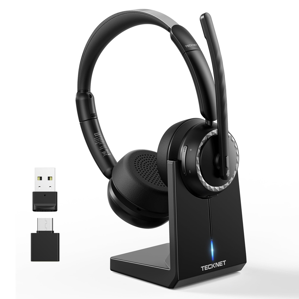 TECKNET Wireless Headset, Bluetooth Headset with AI Noise Cancelling Microphone, USB Dongle