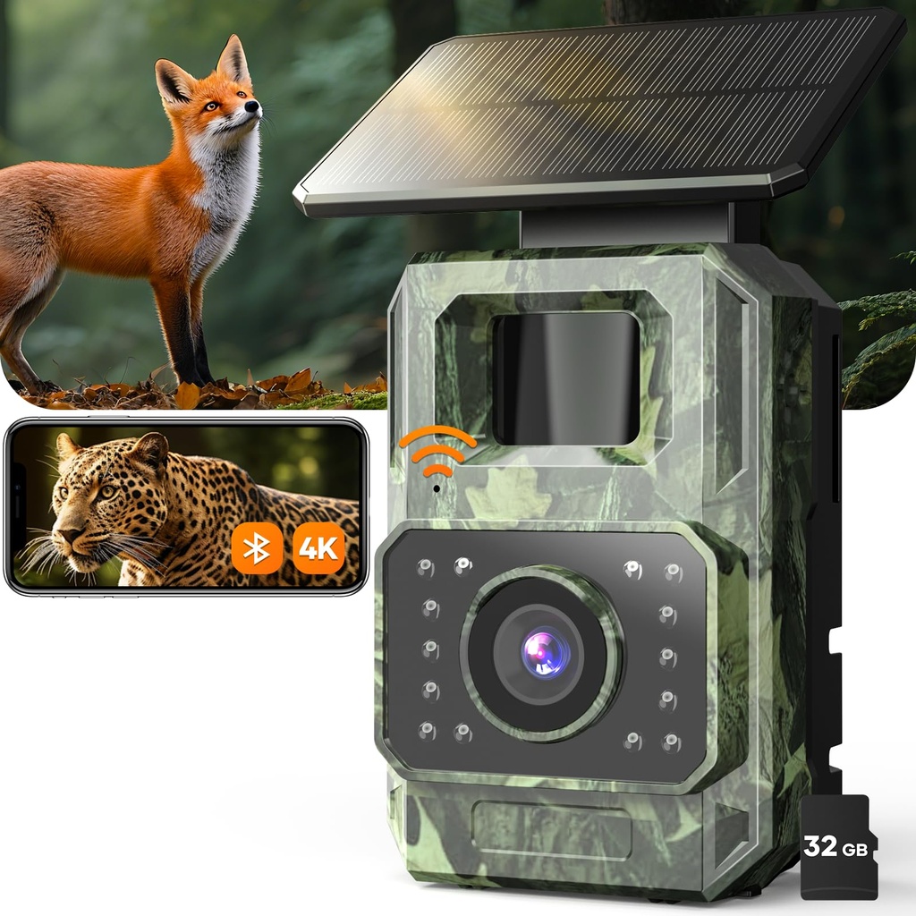 Assark Trail Camera 64MP 4K with Fixed Solar Panel, 6000mAh Wildlife Camera with Night Vision