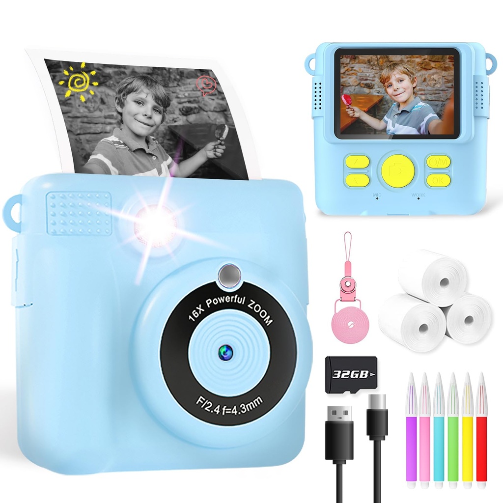 Kids Camera for Boys, Instant Print Camera for Kids with Photo Paper, 1080P Digital Camera f
