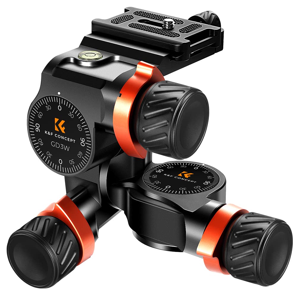 K&F Concept Geared Tripod Head, 360 Panoramic 3-Way Ballhead with Quick Release Plate, 6KG