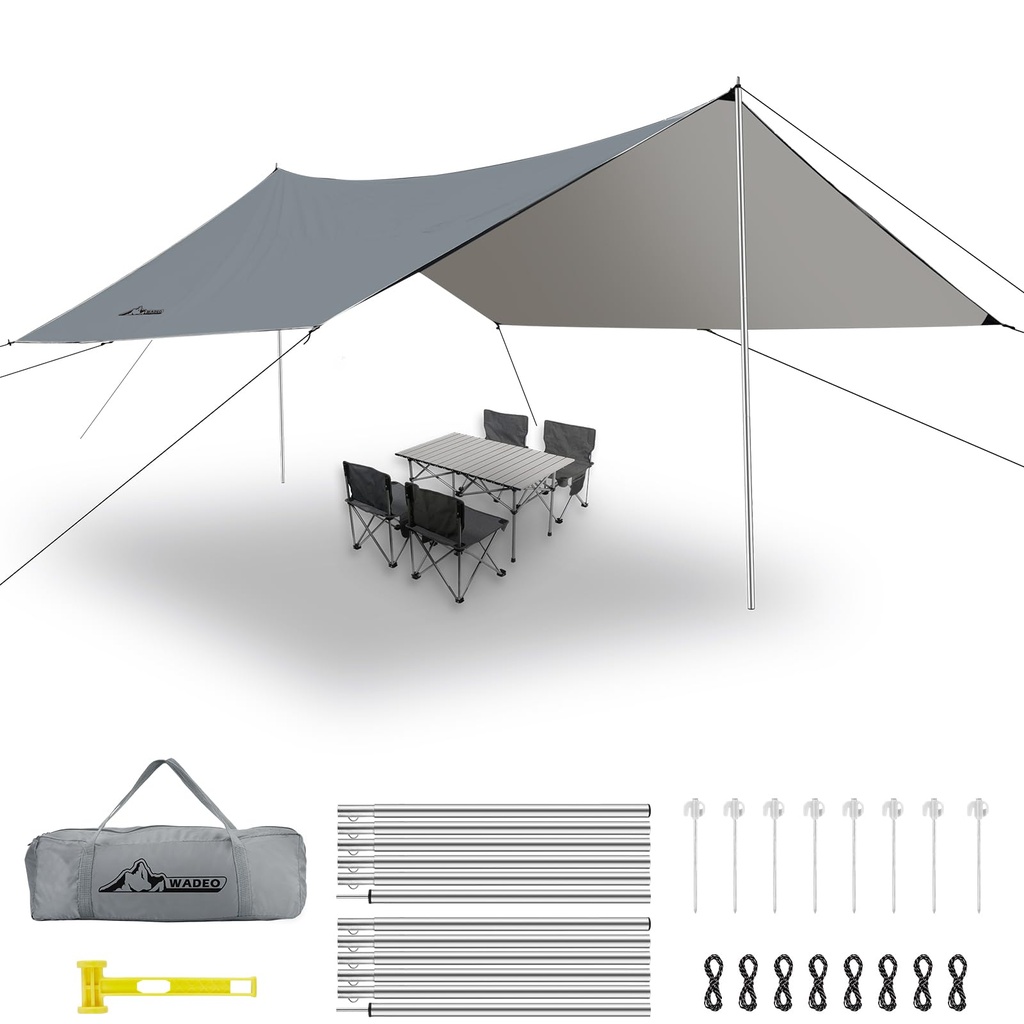 WADEO Camping Tarp Shelter with Poles, Waterproof Heavy Duty Bushcraft Tarp, Rain Fly