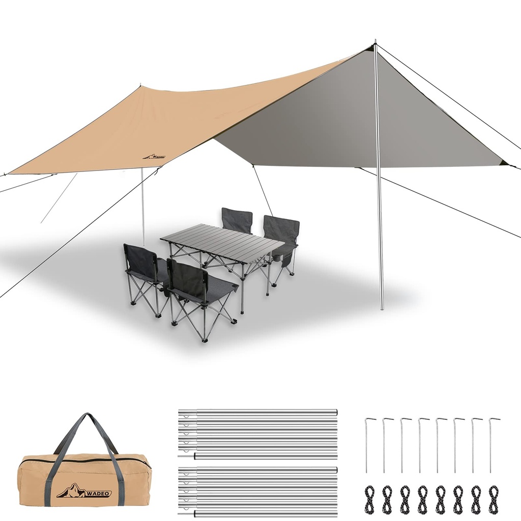 WADEO Camping Tarp Shelter with Poles, Waterproof Heavy Duty Bushcraft Tarp, Rain Fly 