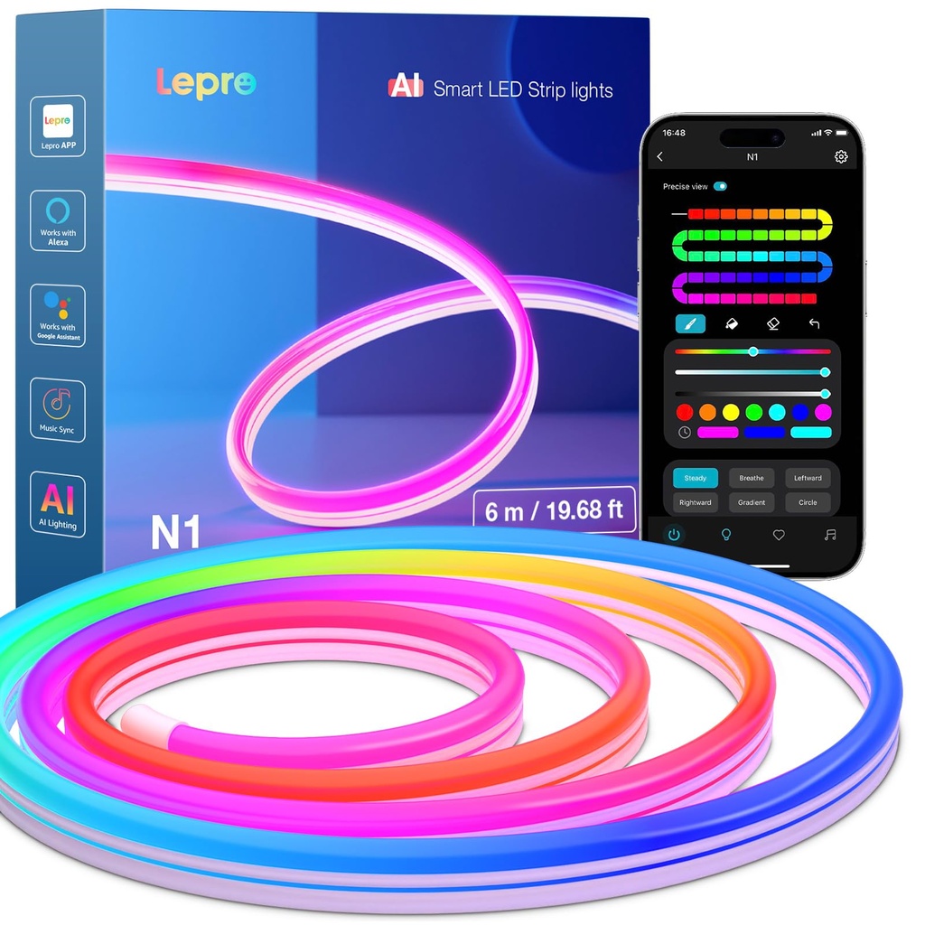 Lepro N1 AI Smart Neon Rope Light 6M RGB+IC, Works with Alexa & Google Assistant, Music Syn