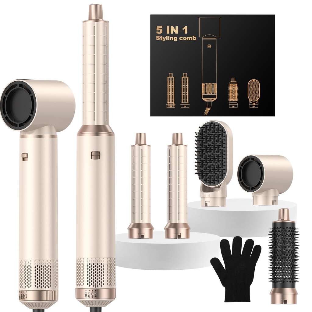 OKWRAP Airstyler 5 in 1 Hair Styler Airbrush 5 in 1 Multi-Blow Dryer Brush Set with Curl, S