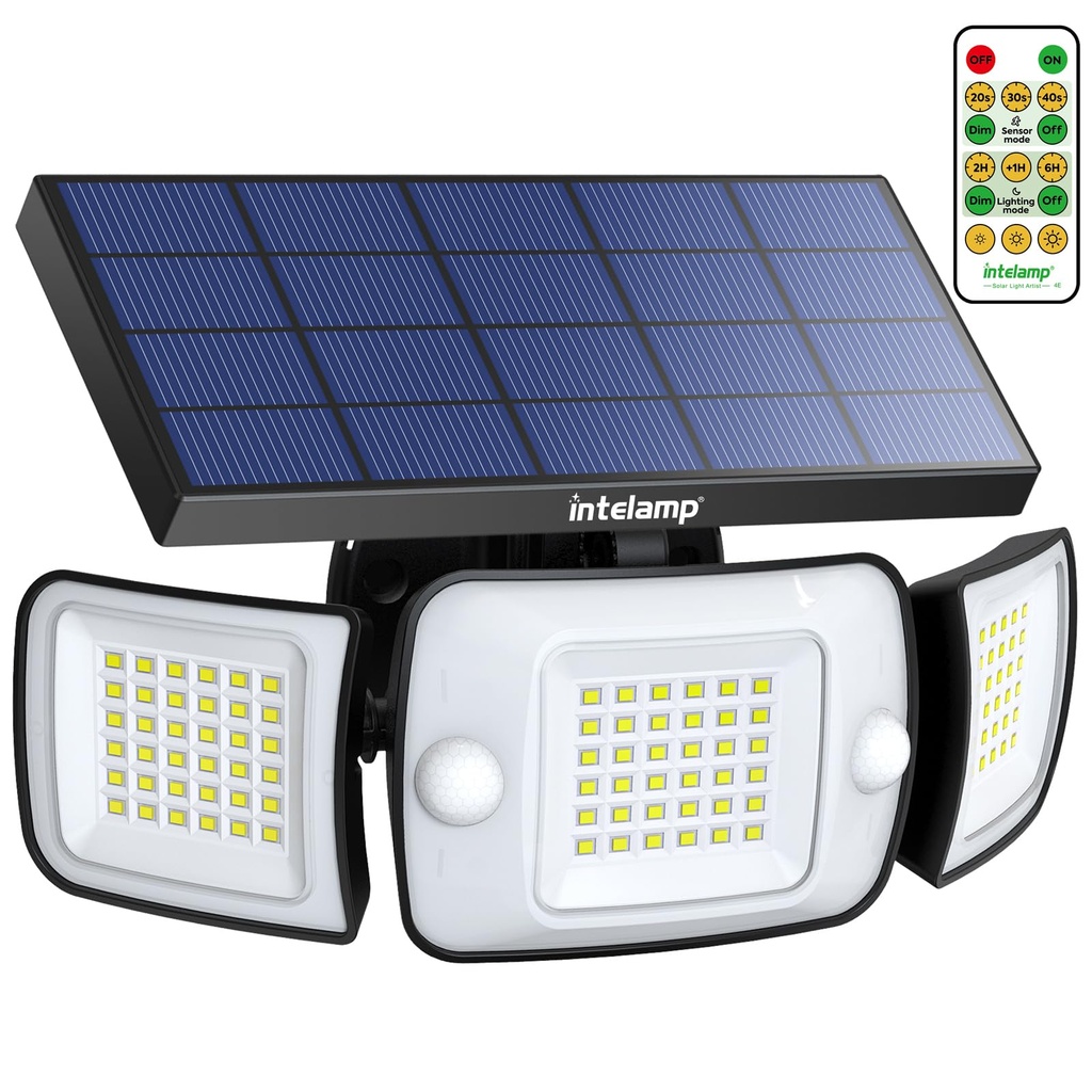 intelamp Solar Security Flood Lights Outdoor Motion Sensor with Remote Control, Waterproof 