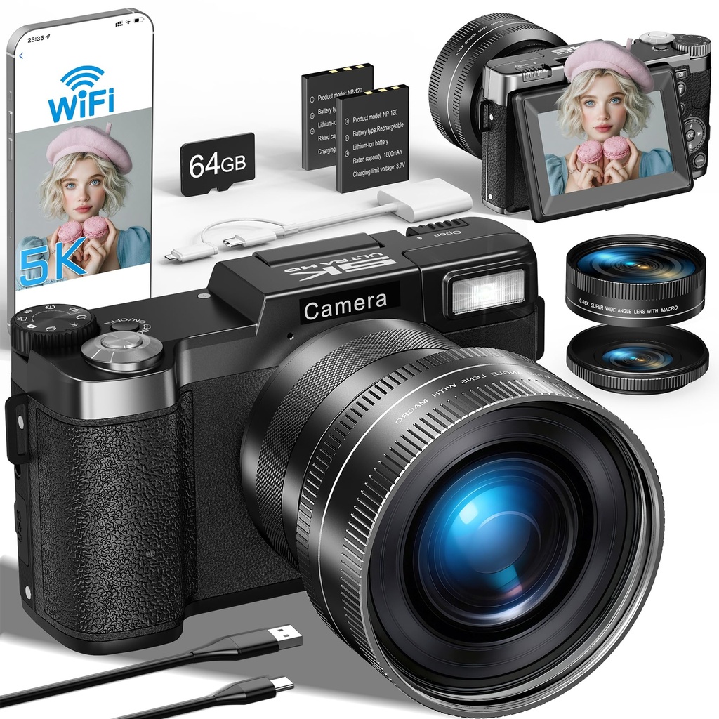 Digital Camera 5K 64MP Cameras for Photography with WiFi, 64GB Card, Autofocus, Adjustable