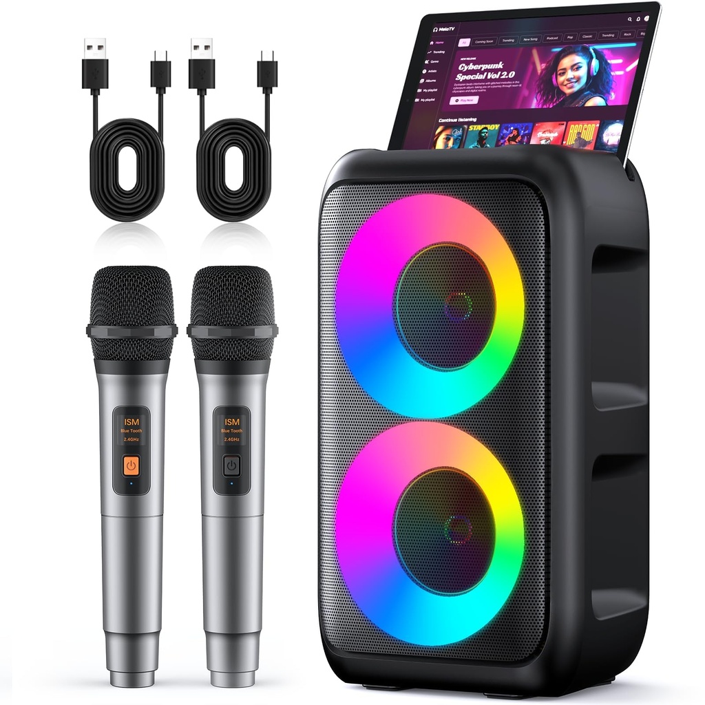 HEEBUKE Karaoke Machine, Portable Bluetooth Speaker with 2 Wireless Karaoke Microphones