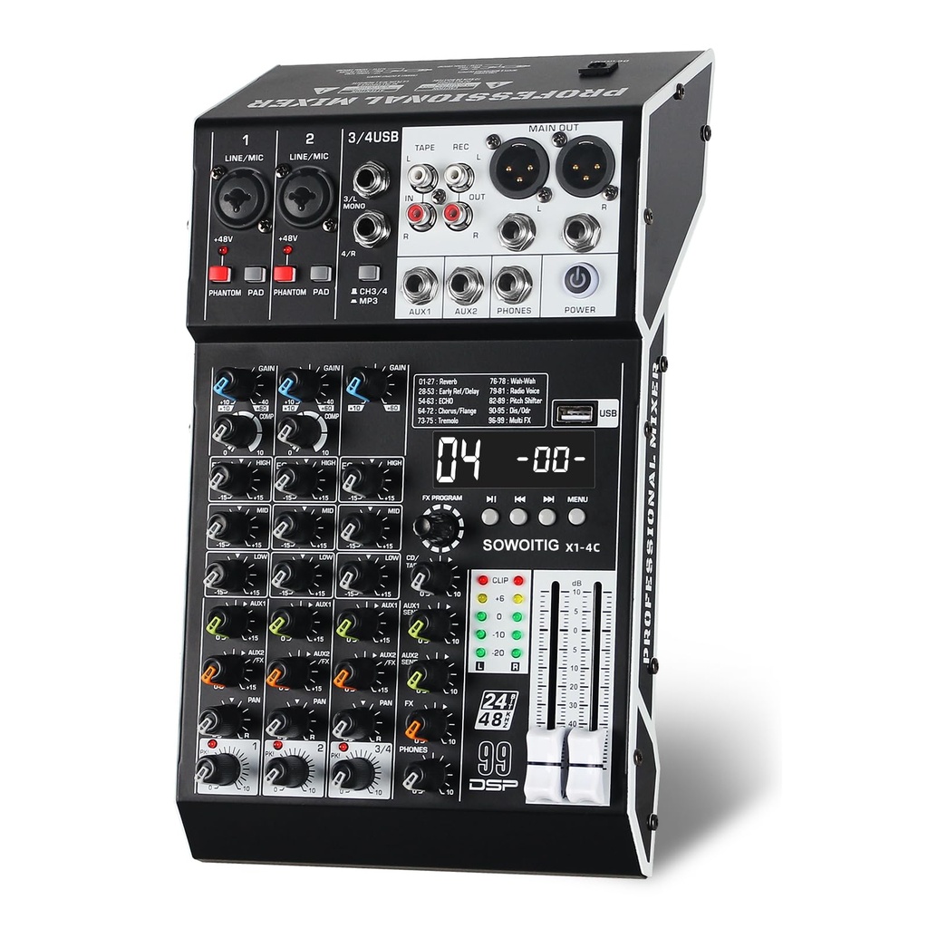 SOWOITIG Audio Mixer 4 Channel Professional Sound Mixer Console with 99DSP Effects, Small 