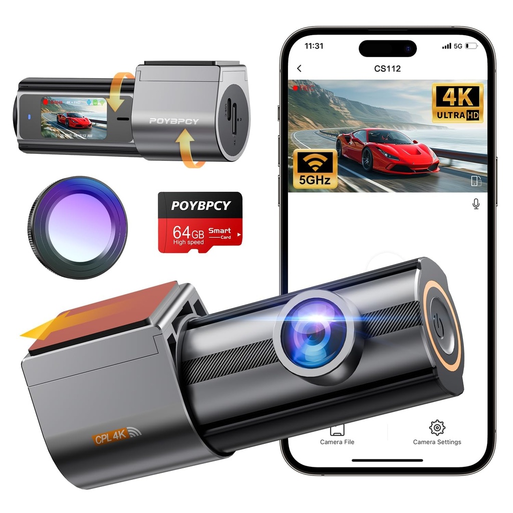 Dash Cam Front 4K Built-in 5GHz WiFi with CPL, Car Camera Dash Cam with UHD 2160P, App 