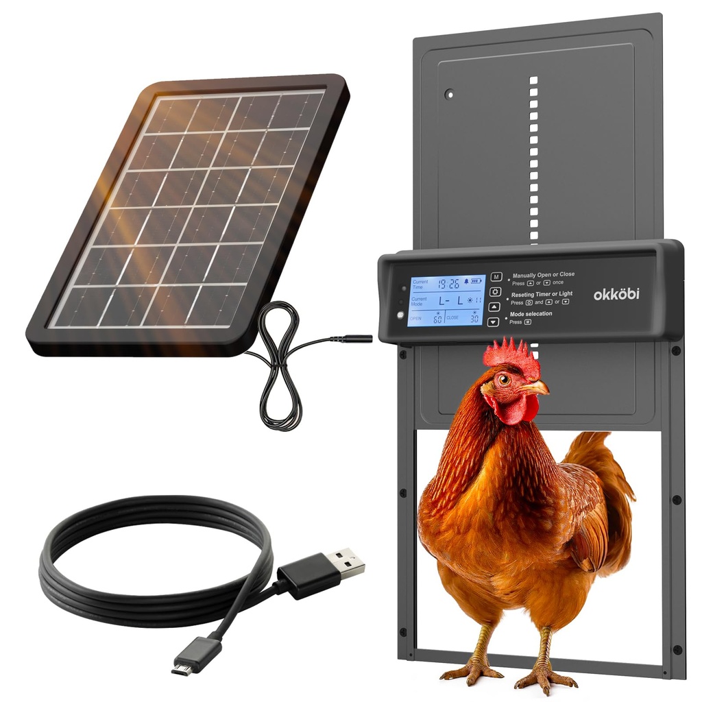 Okkobi Automatic Chicken Coop Door Solar Powered - LCD Display - Chicken Coop Door 