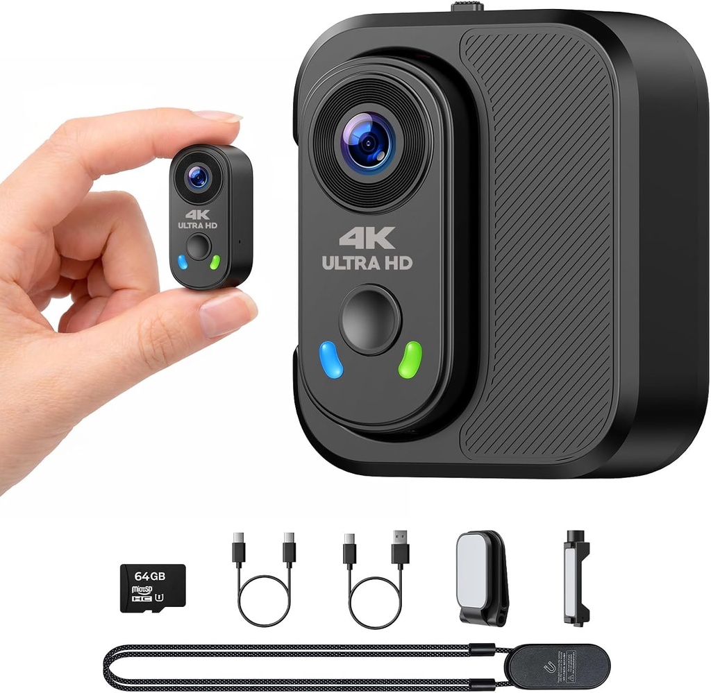 CAMWORLD 4K Body Camera with 64GB Card, Mini Thumb Action Camera WiFi Magnetic Mount, EIS 