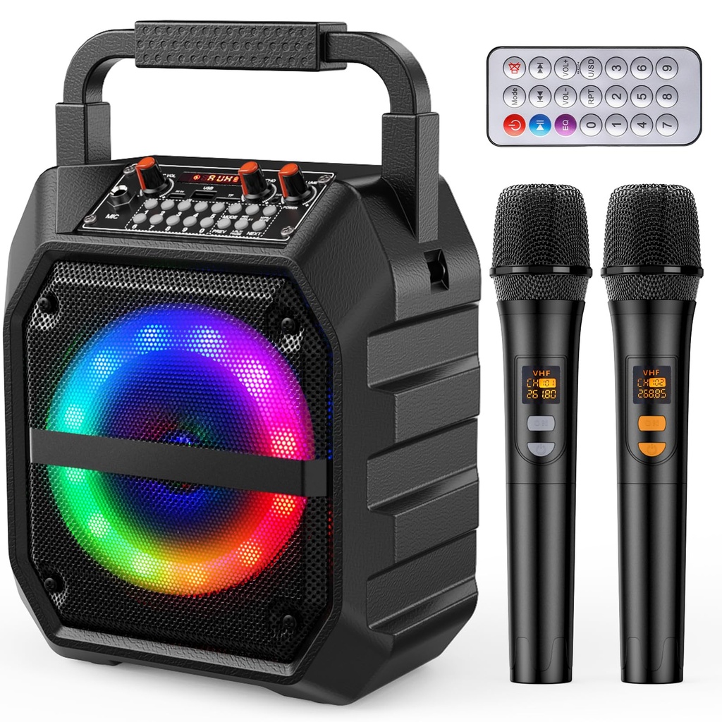 PKBD Karaoke Machine with Two Wireless Microphones,Portable Bluetooth Speaker with LED Light