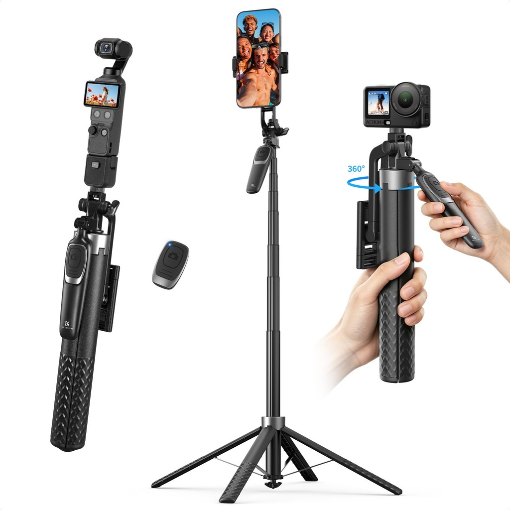K&F CONCEPT 180 cm Phone Tripod, Auto-Opening Selfie Stick with 4-Leg Tripod Base, 360Ã‚Â°