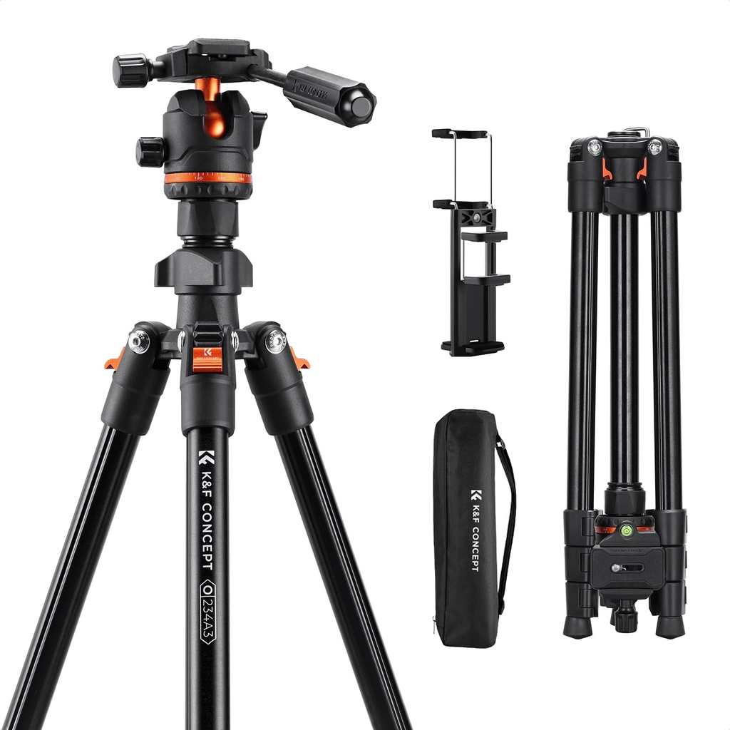 K&F CONCEPT 71"/182cm Camera Tripod with Handle, Aluminum Travel Tripod with Tilt Limiter C