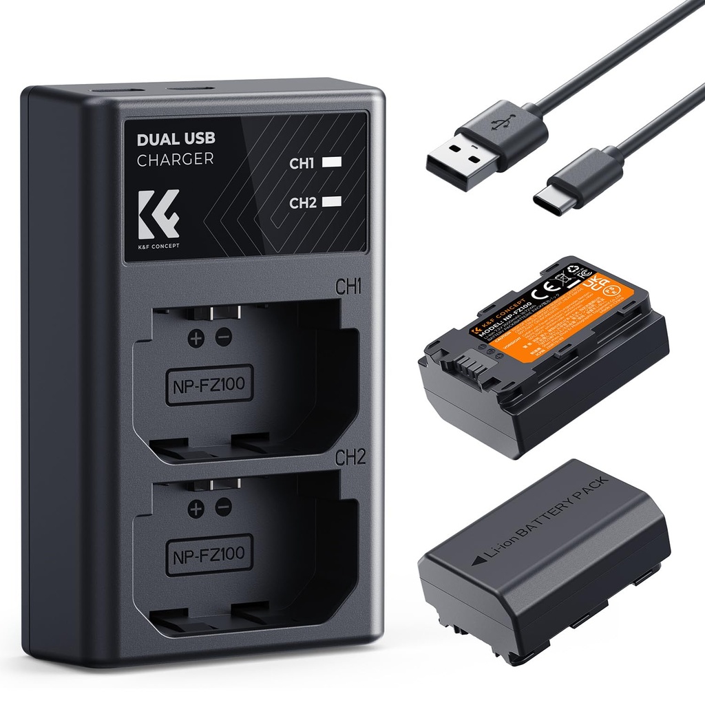 K&F CONCEPT NP-FZ100 Battery and Charger for Sony A7iv Battery Compatible With Sony A7III, A