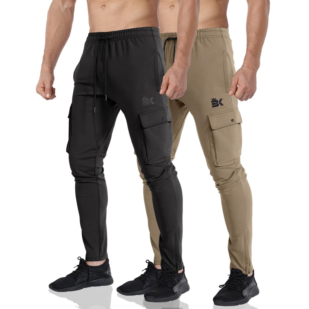 BROKIG 2-Pack Mens Cargo Gym Joggers,Ankle Zip Tapered Running Slim Fit Skinny Sports Trousers (Size L)