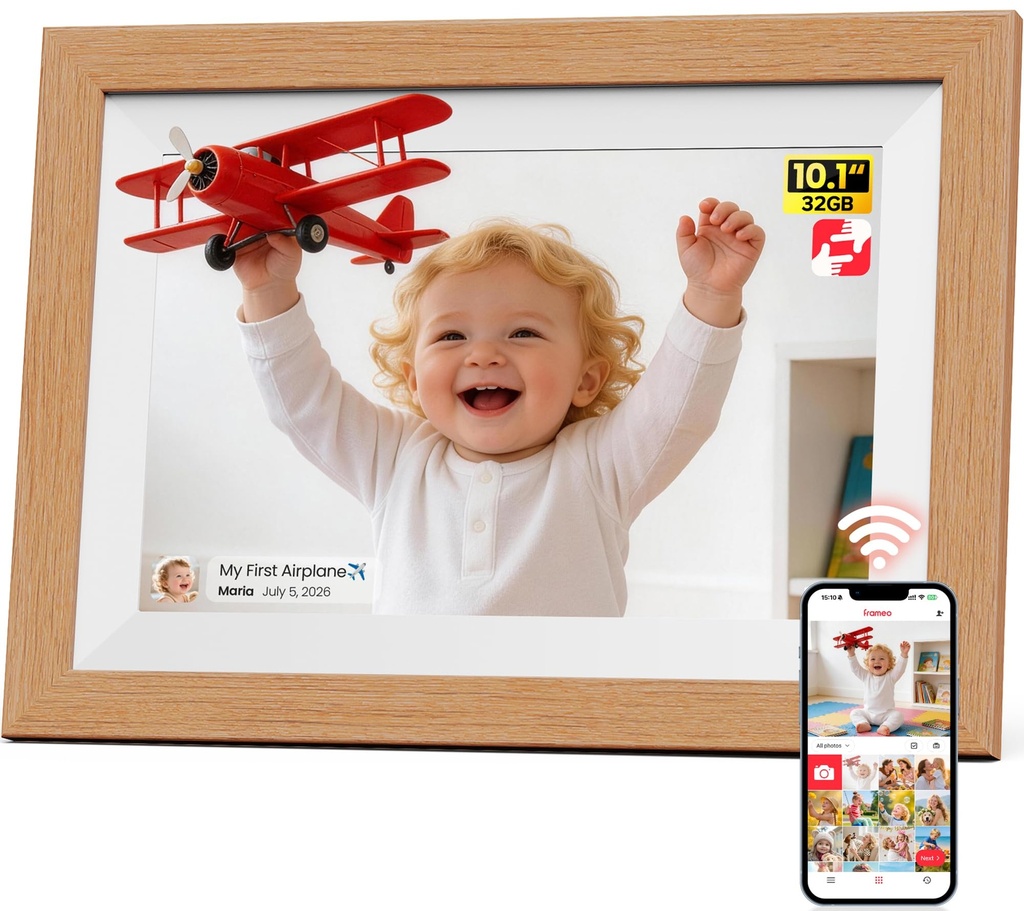 Frameo WiFi Digital Photo Frame 10.1 Inch Natural Wood - 1280x800 HD IPS Touch Screen 