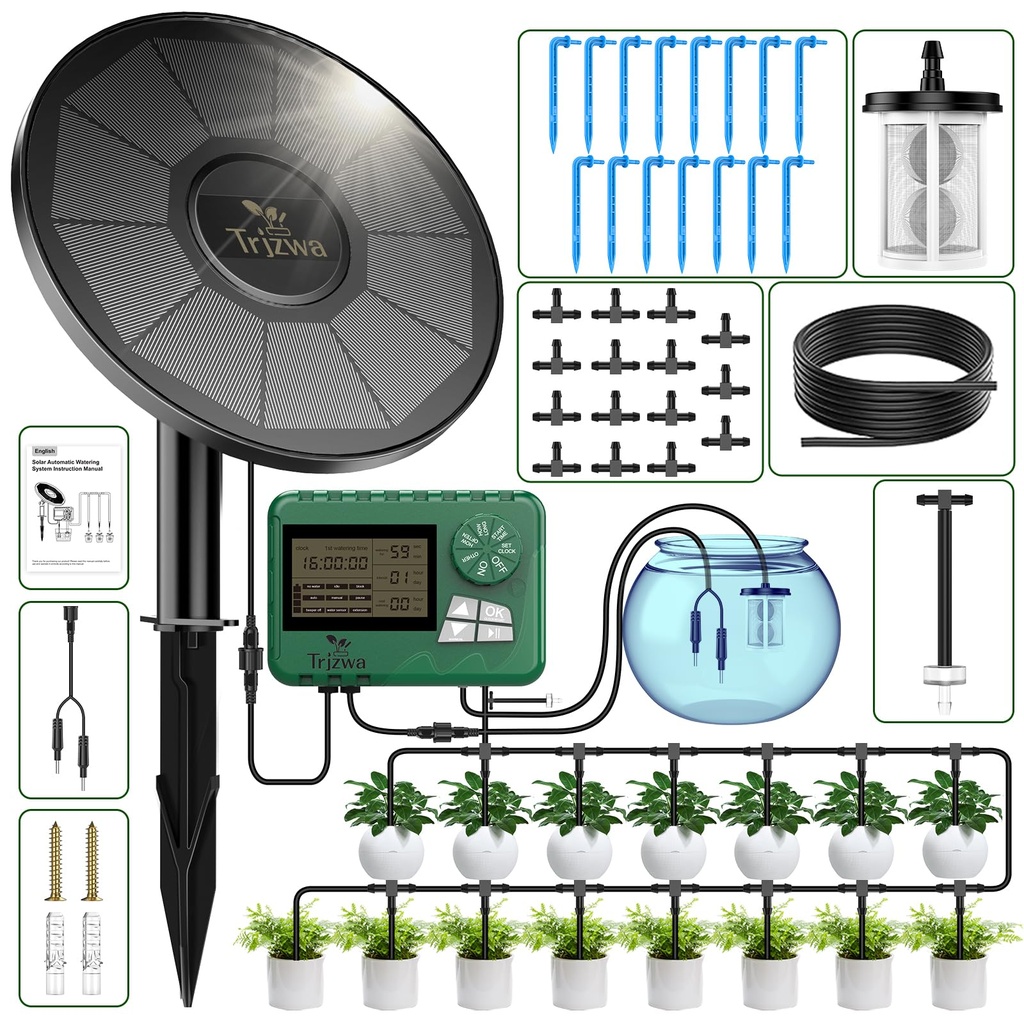 TRJZWA Solar Irrigation System Kit with Early Warning Function,DIY Solar Automatic Drip