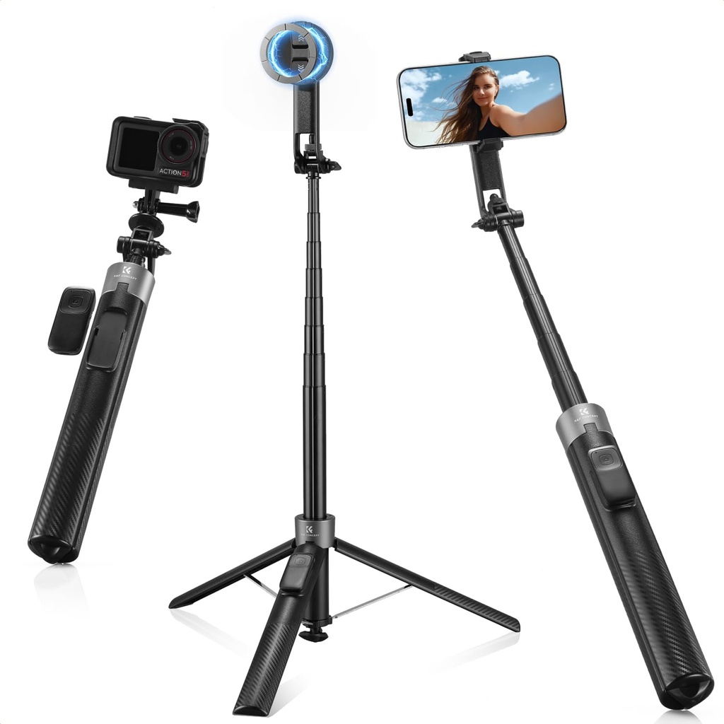 K&F CONCEPT TF08 180 cm Selfie Stick Tripod for iPhone, 3-in-1 Clip, Magnetic & 1/4" Screw