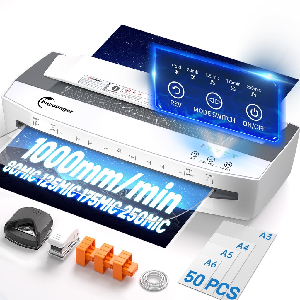 Buyounger 4-Roller A3 Laminator, 11 in 1 Cold & Thermal Heavy Duty Laminstor Machine, 60s W