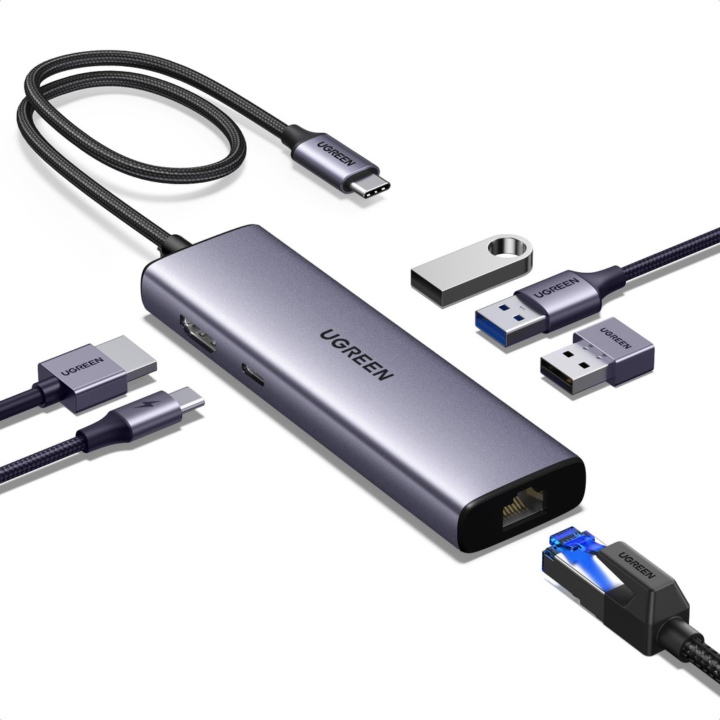 UGREEN USB C Hub, 6-in-1 USB Multiport Adaptor, 1Gbps USB-C to Ethernet Adapter, 4K HDMI, 10
