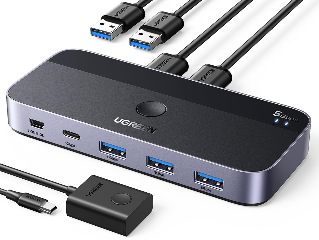 UGREEN USB 3.0 Switch,2 In 4 Output USB Switcher,2 Computers Share Type C and 3 Type A Devic
