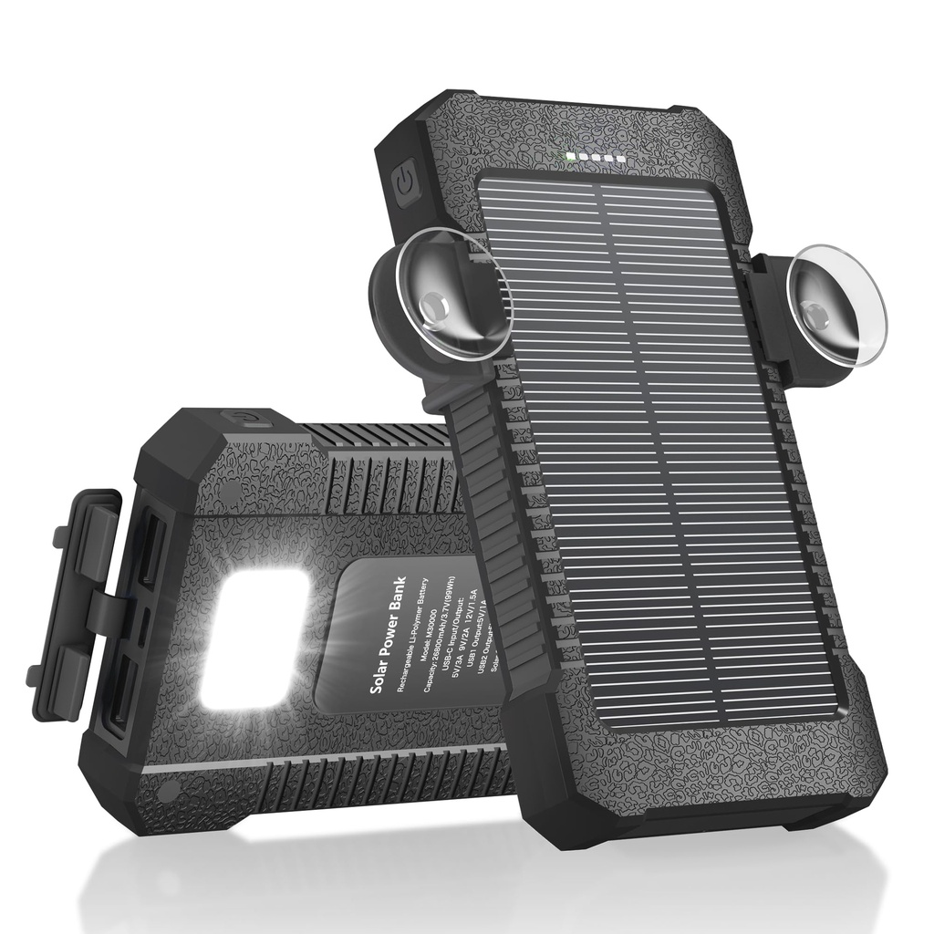 Solar Power Bank with Suction Cup Mount, Power Bank External Batteries 3 USB Ports with Torch