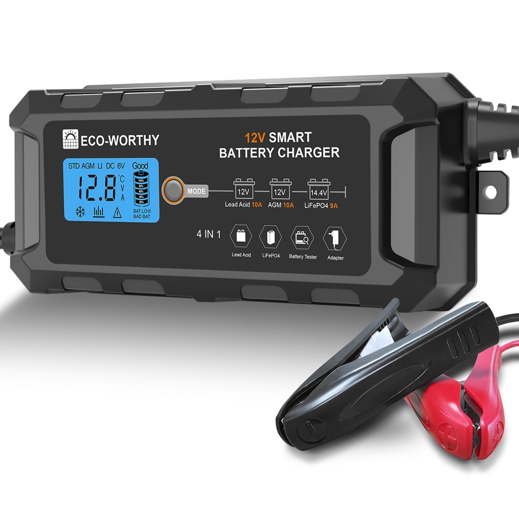 ECO-WORTHY 12V 10A LiFePO4 Battery Charger Automatic Smart and Maintainer (UK Plug) with LC