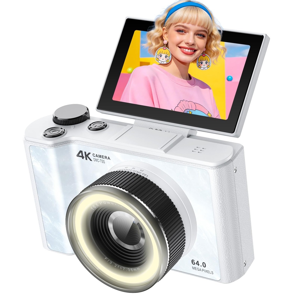 W&O Digital Camera for Vlogging Photography, Autofocus Compact Digital Cameras with 180°