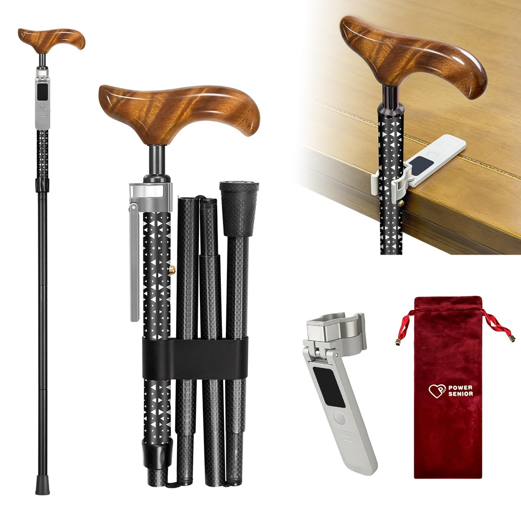 POWER SENIOR Foldable Walking Stick with Anti-Lost Tracker Carbon Fiber Walking Cane