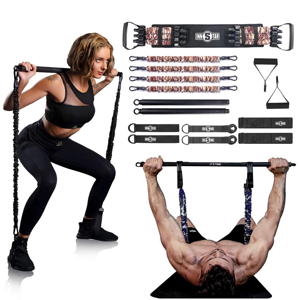 INNSTAR Portable Home Gym Set with Workout Bar, Bench Press Set, Squat Resistance Band 
