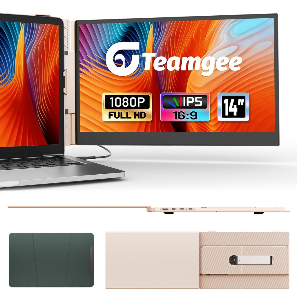 Teamgee 14.1" laptop screen extender FHD 1080P Rose Gold Portable Monitor, Ultra-Thin & Lig