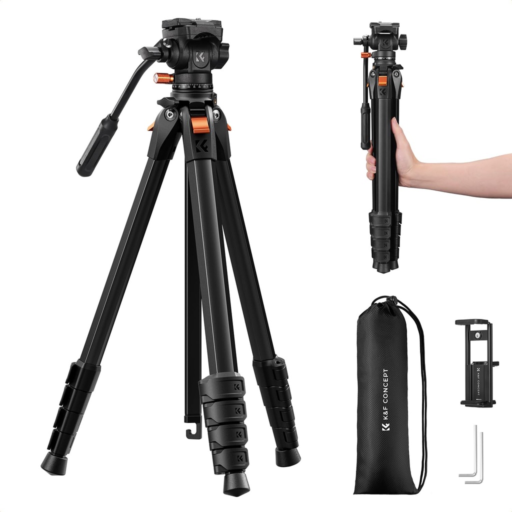 K&F CONCEPT 73 Camera Tripod with Fluid Head, Aluminum Travel Tripod for Video, Smoot