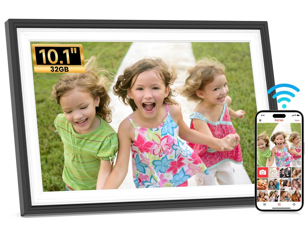 Frameo WiFi Digital Photo Frame 10.1 Inch Black White - 1280x800 HD IPS Touch Screen Pictur