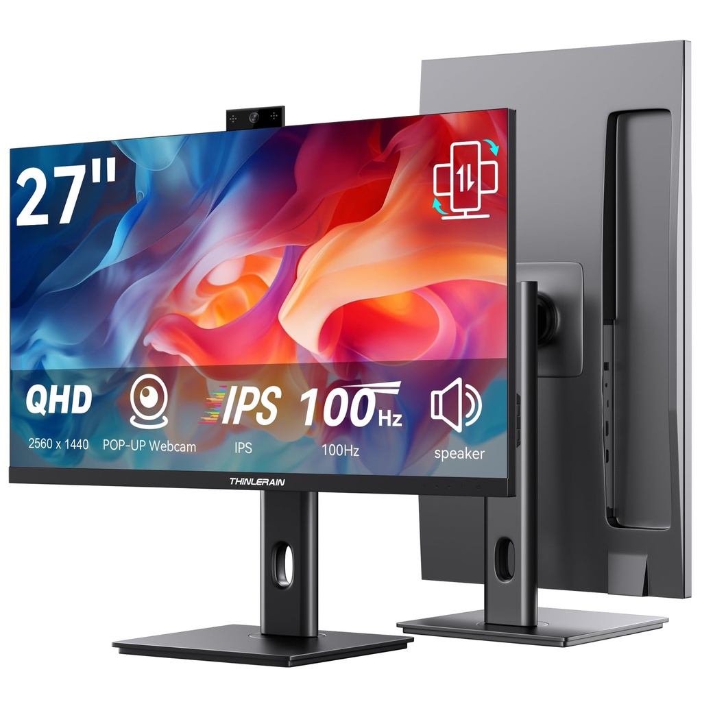 27 Inch 2K Monitor with Pop-Up Webcam - UHD 2560 x 1440 IPS Screen Computer Monitor, 100Hz