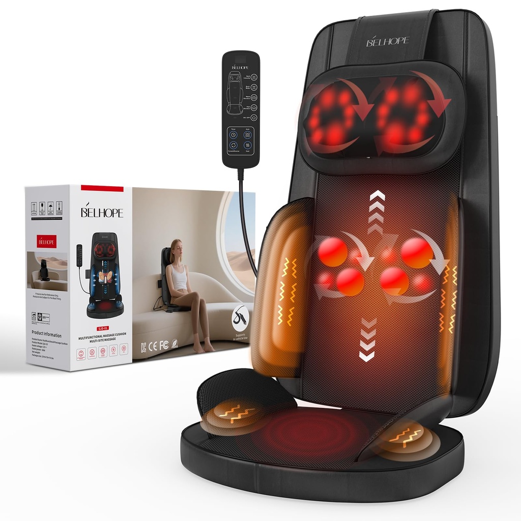 belhope Shiatsu Neck and Back Massager with Heat, 4D Kneading Back Massager for Pain Relief