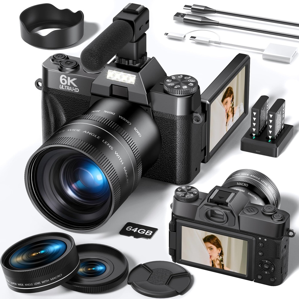 Longyi 6K 64MP Digital Camera for Photography and Vlogging with WIFI, Flip Screen Selfie, M
