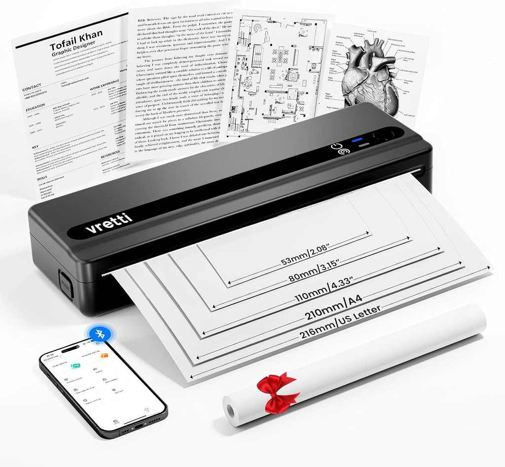 vretti Portable Thermal Printer A4,Inkless Bluetooth Printer for Travel