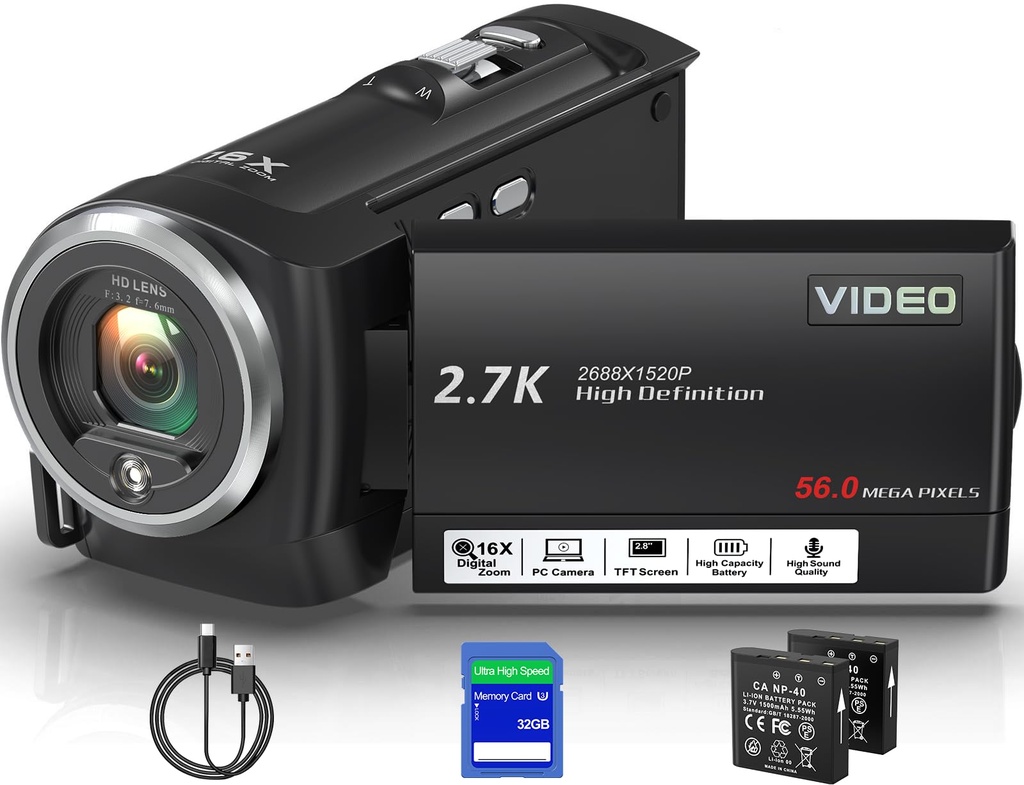Delmodes 2.7K 56MP Camcorder Video Camera 16X Digital Zoom Vlogging Camera