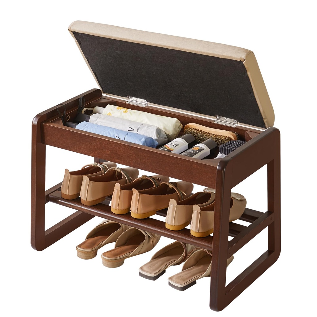 Aibiju Shoe Storage Bench with Cushion, 2 Tiers Solid Wood Shoe Bench with Flip-Top Storage